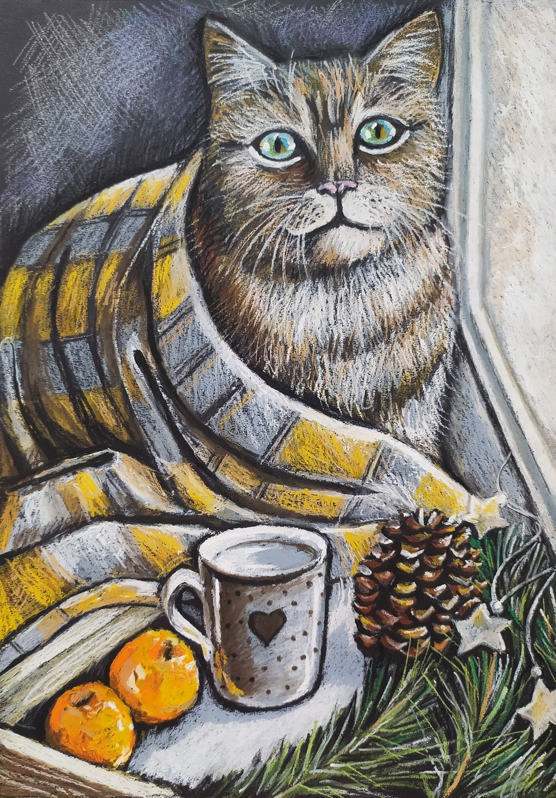 一只猫画动物艺术油画棒冬天的肖像 - 墙贴/壁贴 - 纸 蓝色