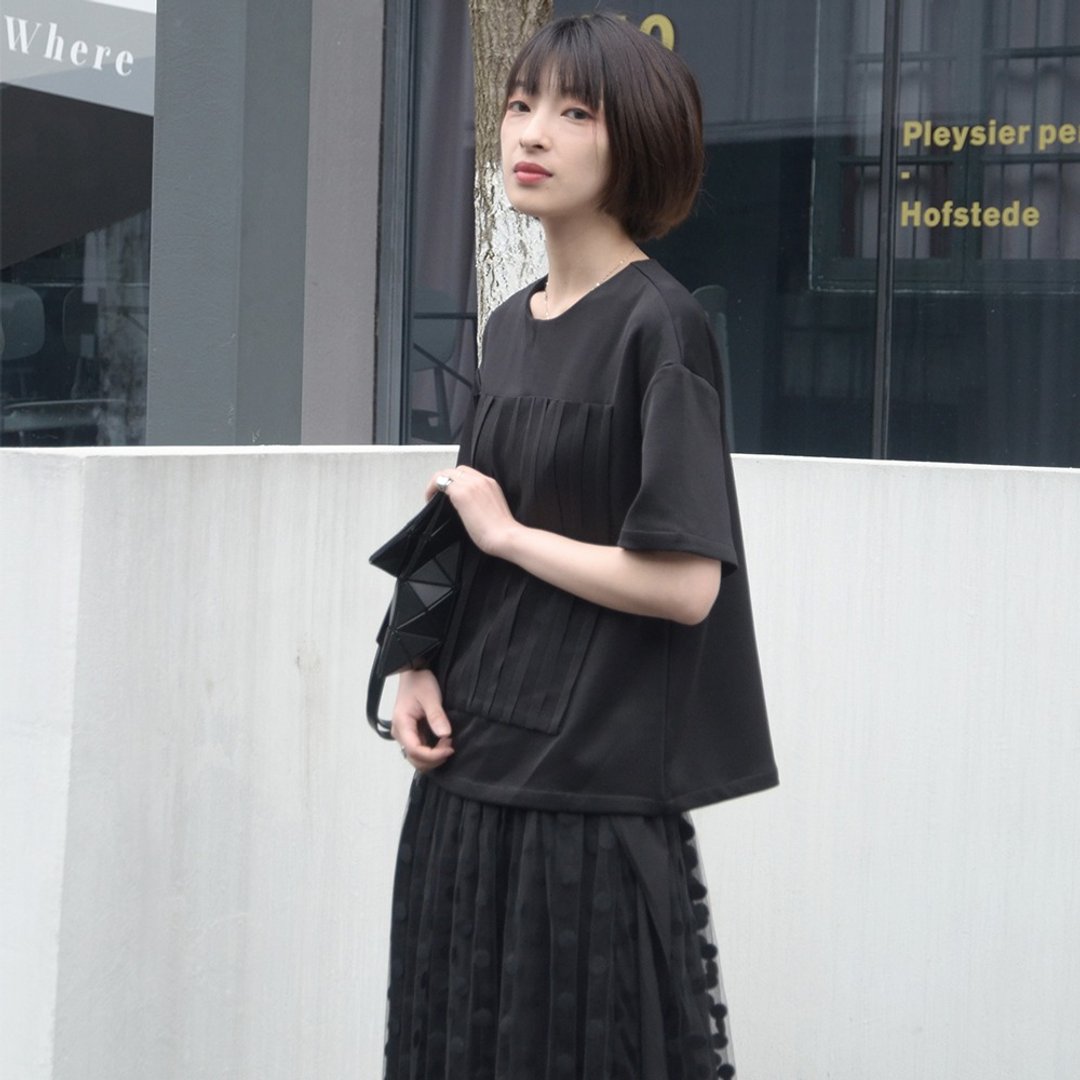 黑色圆领短袖T恤|T恤|春夏款|聚酯纤维|Sora-278 - 女装 T 恤 - 聚酯纤维 黑色