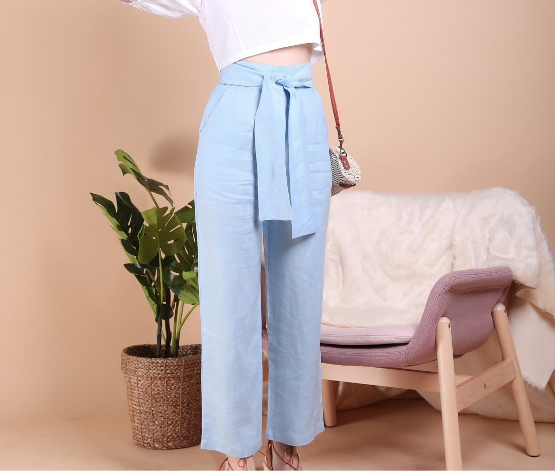 Natural Linen high-waist pants with sash - Sky Blue - 女装长裤 - 亚麻 蓝色