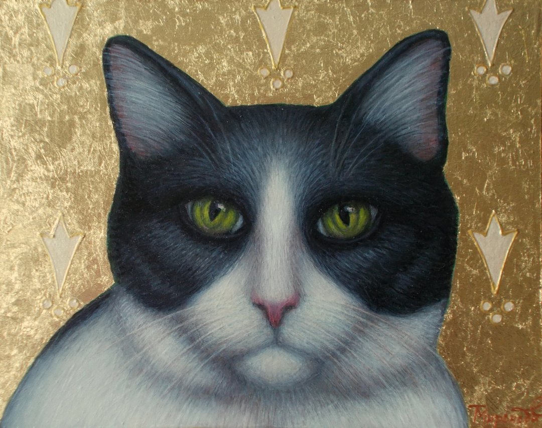 豪华金叶背景丙烯画动物墙艺术上逼真的白猫与黑猫 - 墙贴/壁贴 - 其他材质 多色
