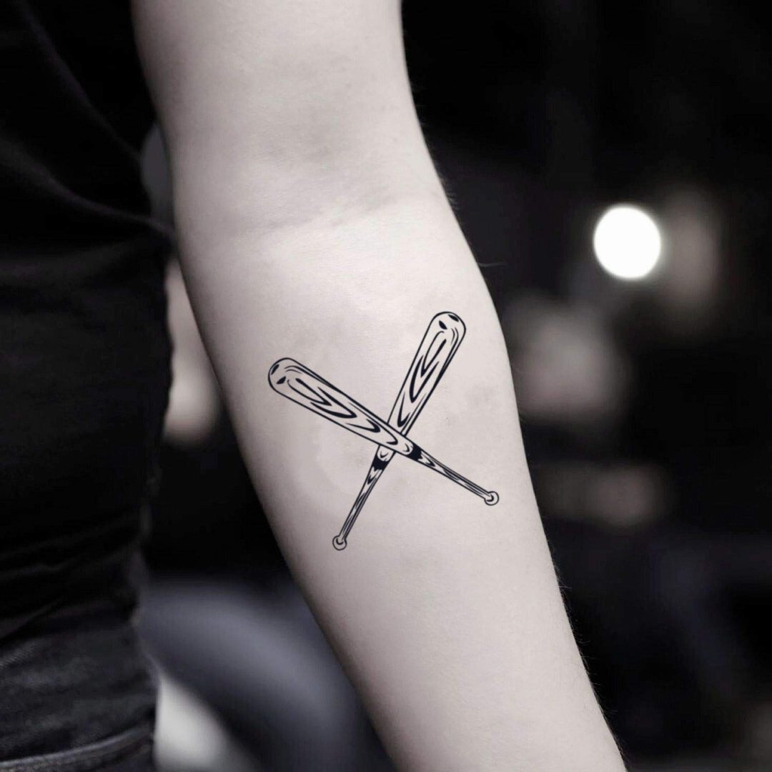 OhMyTat 棒球棒 Baseball Bat 刺青图案纹身贴纸 (2 张) - 纹身贴 - 纸 黑色
