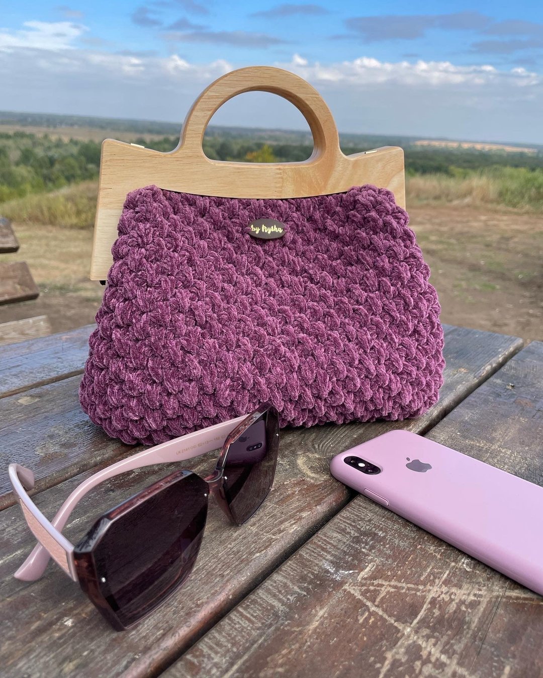 Crochet bag, top handle bag, purple bag, purple gifts, claps - 手提包/手提袋 - 聚酯纤维 紫色