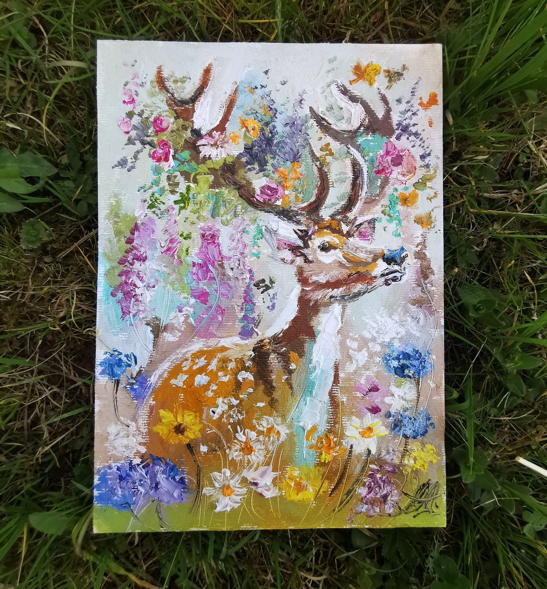 鹿的童话 一套 2 幅原创油画。波西米亚风格装饰。 - 墙贴/壁贴 - 其他材质 灰色