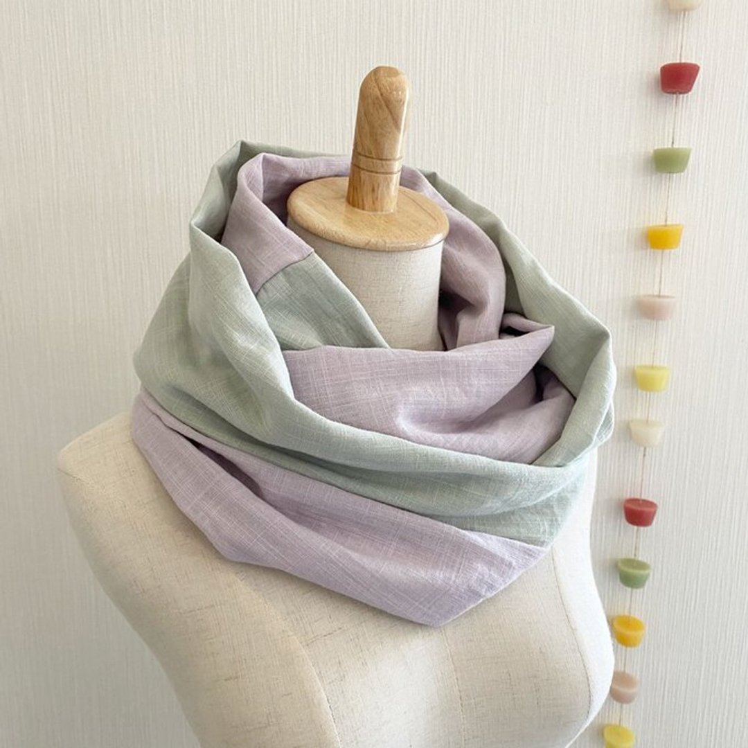 Made in Japan Fluffy double gauze bicolor snood pale lavender mint green scarf - 围巾/披肩 - 棉 多色