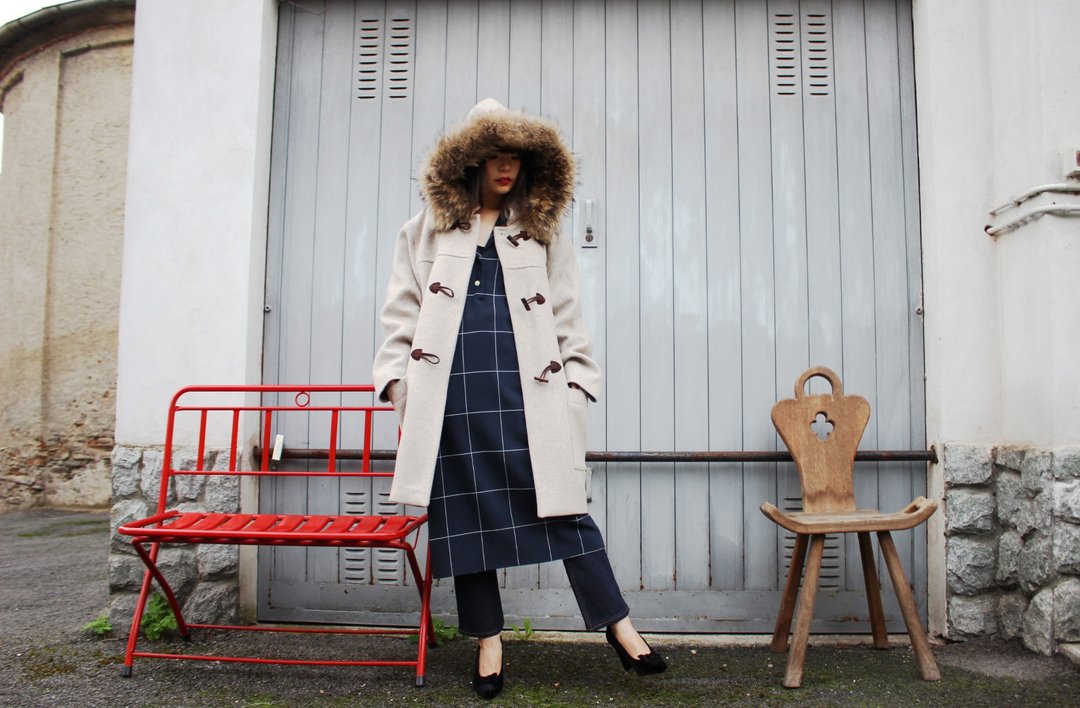 F3074[Vintage外套]{意大利制里标}Duffle Coat米色毛绒连帽OVERSIZED羊毛牛角扣外套(Made in Italy) - 女装休闲/机能外套 - 羊毛 白色
