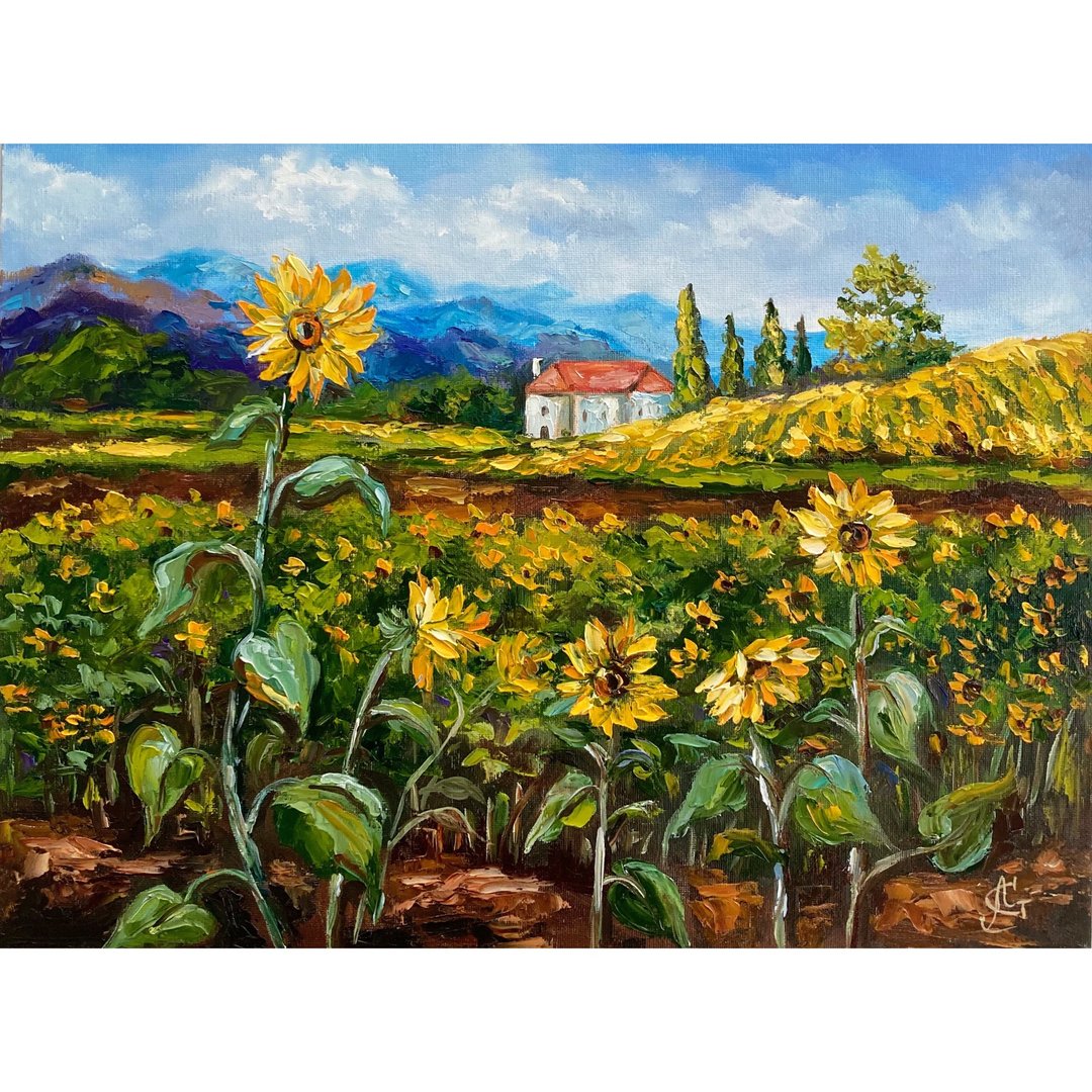 Sunflowers fields original oil painting Landscape artwork Italy painting - 墙贴/壁贴 - 其他材质 多色