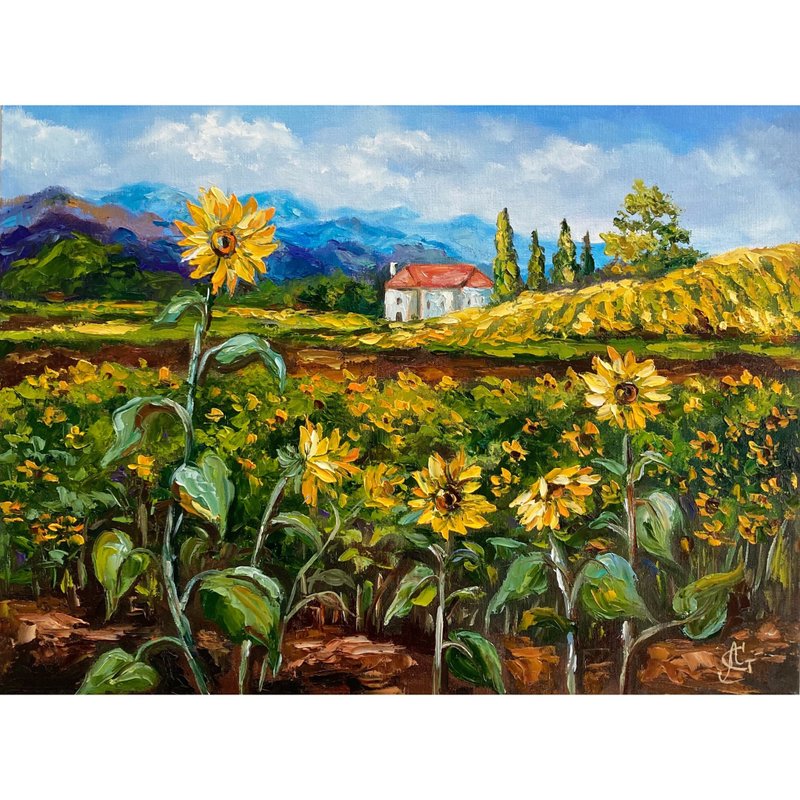 Sunflowers fields original oil painting Landscape artwork Italy painting - 墙贴/壁贴 - 其他材质 多色