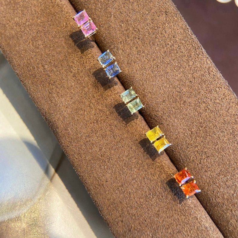 【WhiteKuo】18K经典彩蓝宝长方形耳针 - 耳环/耳夹 - 宝石 多色