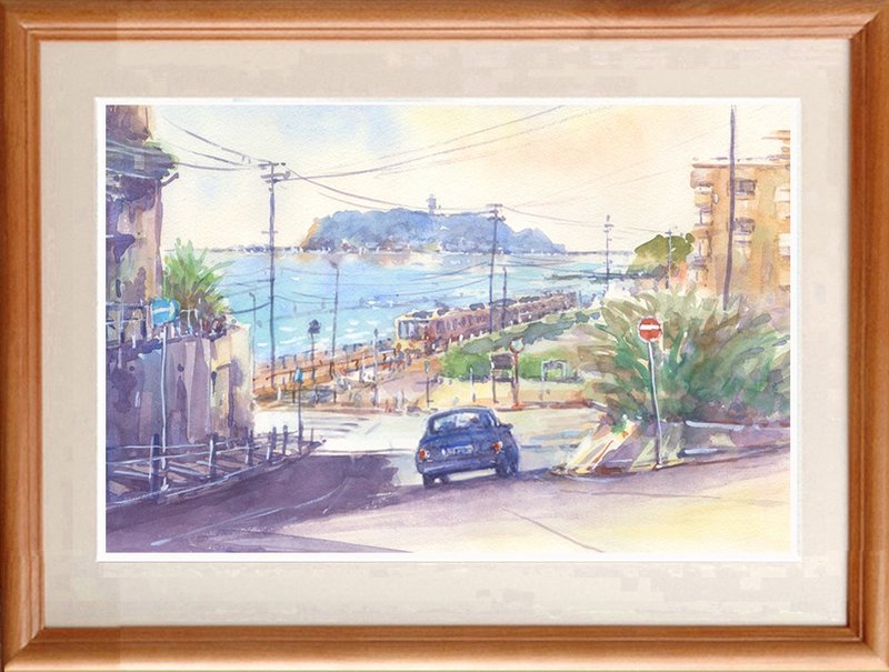 受注制作します　水彩画原画　江の島と江ノ電 20 - 海报/装饰画/版画 - 纸 蓝色