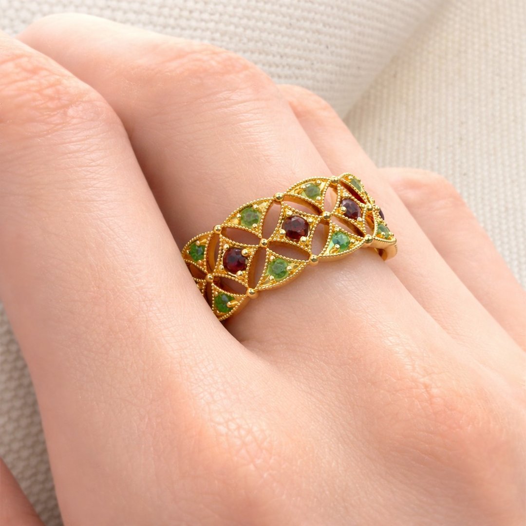 Vintage Haft Eternity 2 Tone gemstones, Vine Estate Jewelry Ring Gold Eternity - 戒指 - 银 咖啡色