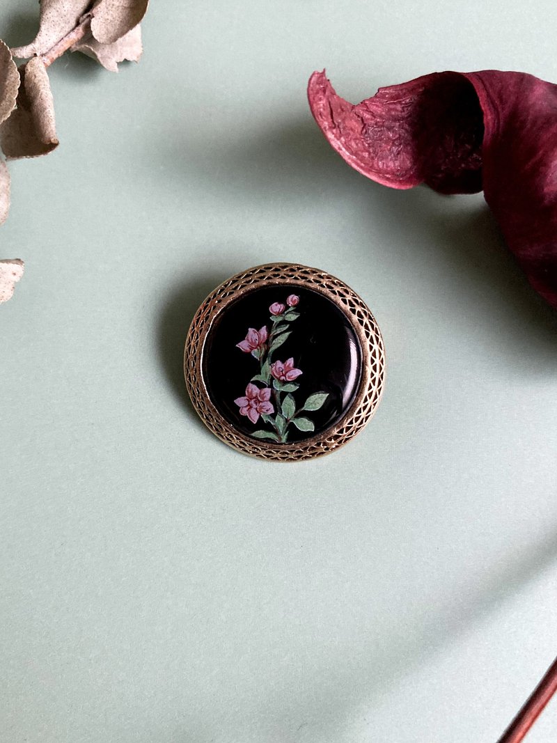 美国品牌1928古董 黑曜西洋花绘胸针别针 - 胸针 - 其他金属 