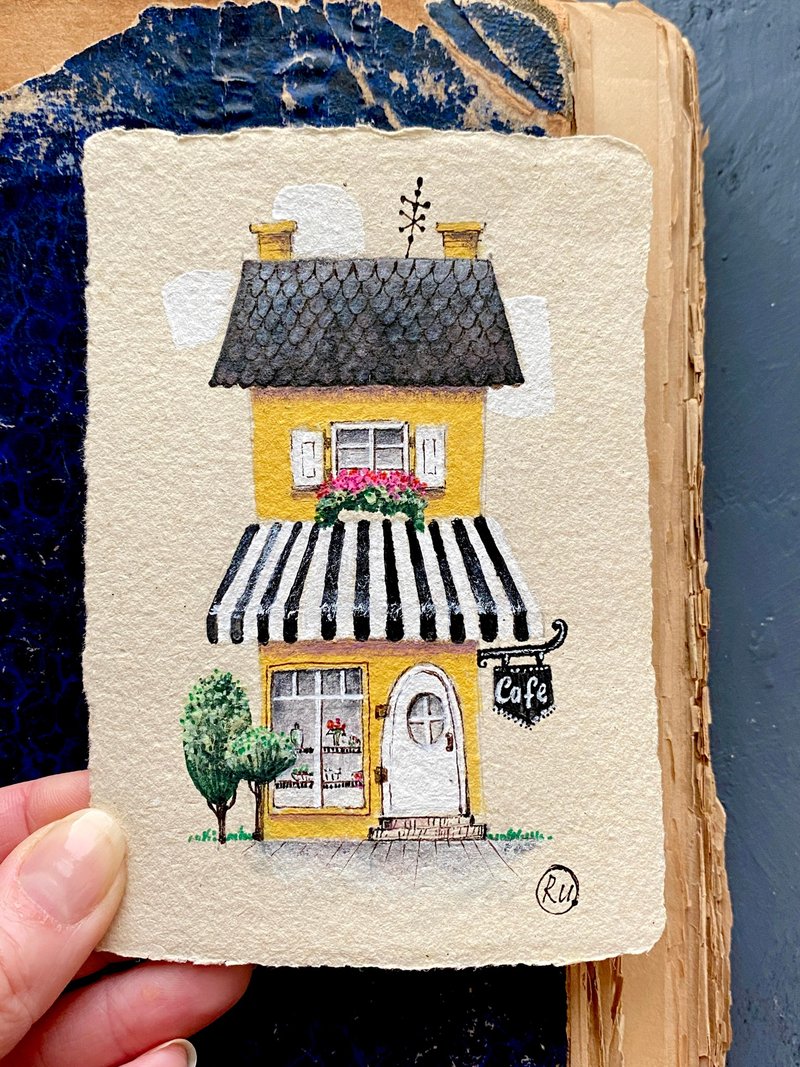 舒适咖啡馆绘画原创艺术再生纸上的迷你艺术品 Rubinova - 海报/装饰画/版画 - 纸 多色