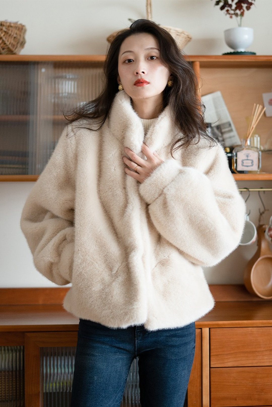复古立领 仿水貂毛绒短外套 - 女装休闲/机能外套 - 其他人造纤维 白色