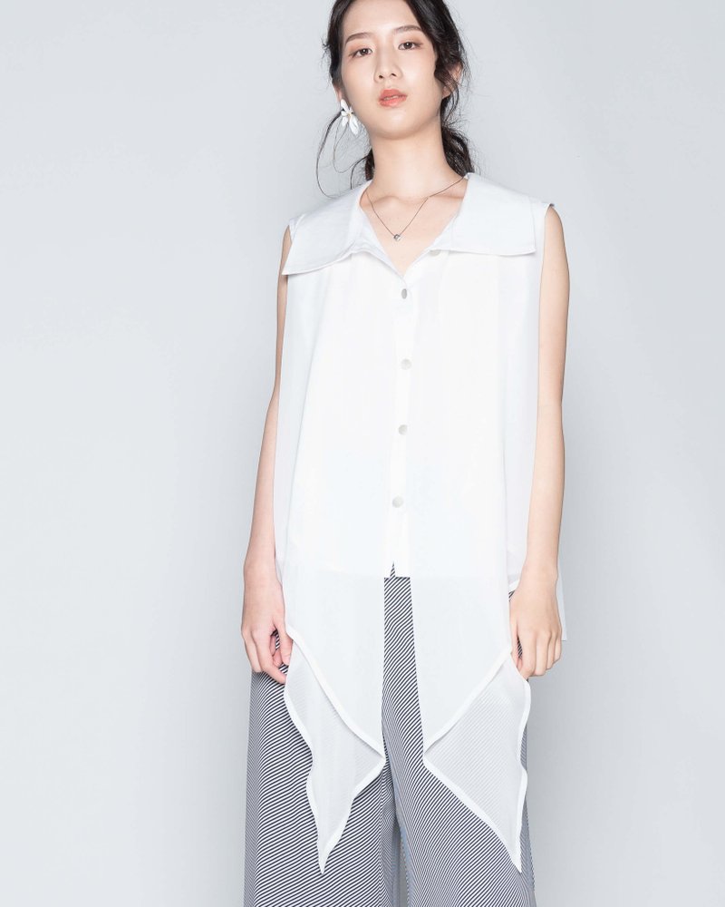 大领垂坠无袖衬衫-白 - 女装背心 - 聚酯纤维 白色