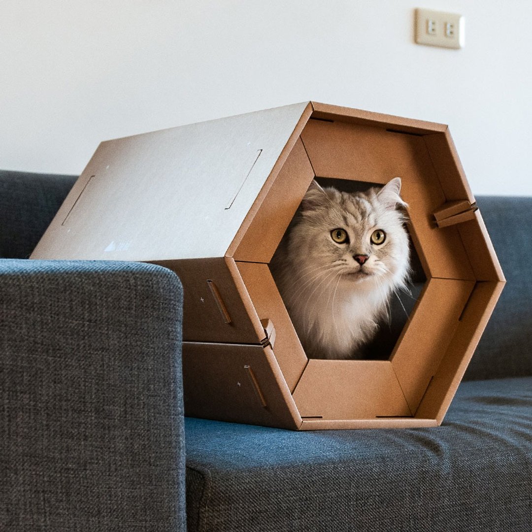 CARTON好厝 六角瓦楞纸猫屋 (含专用猫抓板) - 玩具 - 纸 卡其色