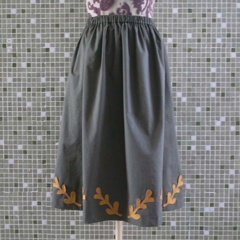 秋天贴布松紧带长裙 - 裙子 - 棉．麻 绿色