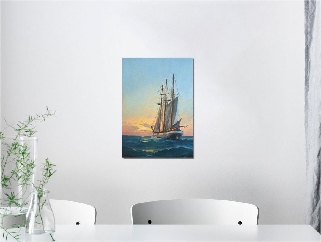 Sailing Ship Seascape Oil Painting Bedroom Room Wall Decor Original Dating Art - 海报/装饰画/版画 - 其他材质 蓝色