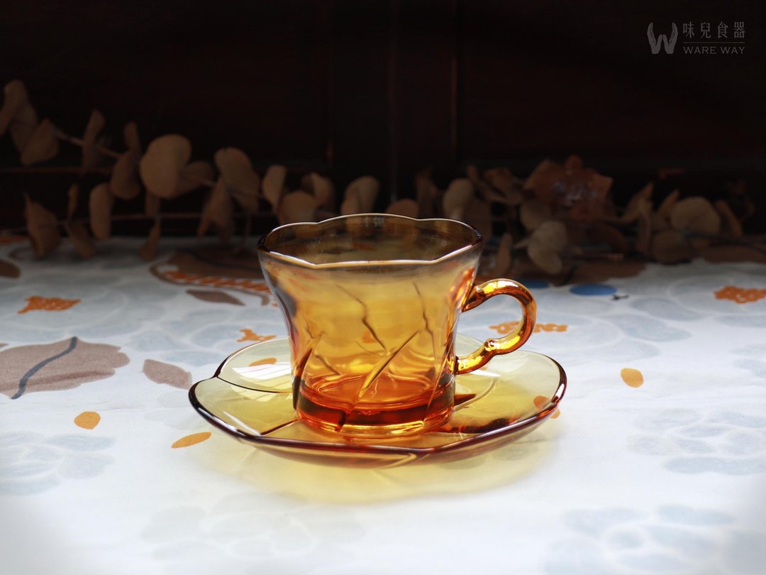 早期蜂蜜色咖啡杯碟组－糖花 (餐具/老件/旧物/玻璃/皇家/贵族) - 咖啡杯/马克杯 - 玻璃 橘色