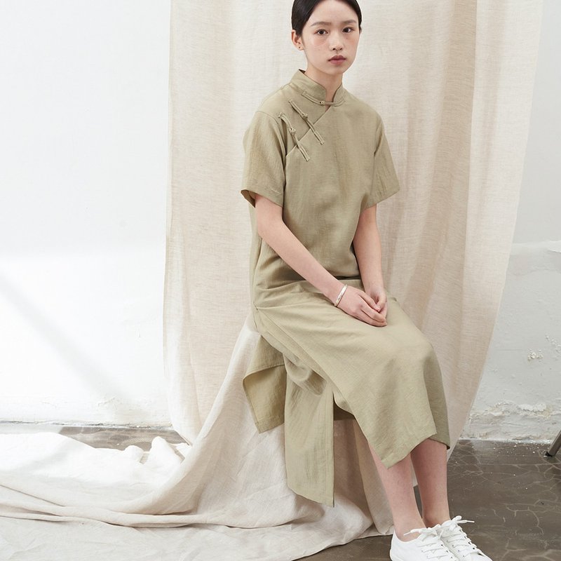 斜襟改良旗袍型長裙連衣裙 洋裝 D211111Y - 洋装/连衣裙 - 棉．麻 卡其色