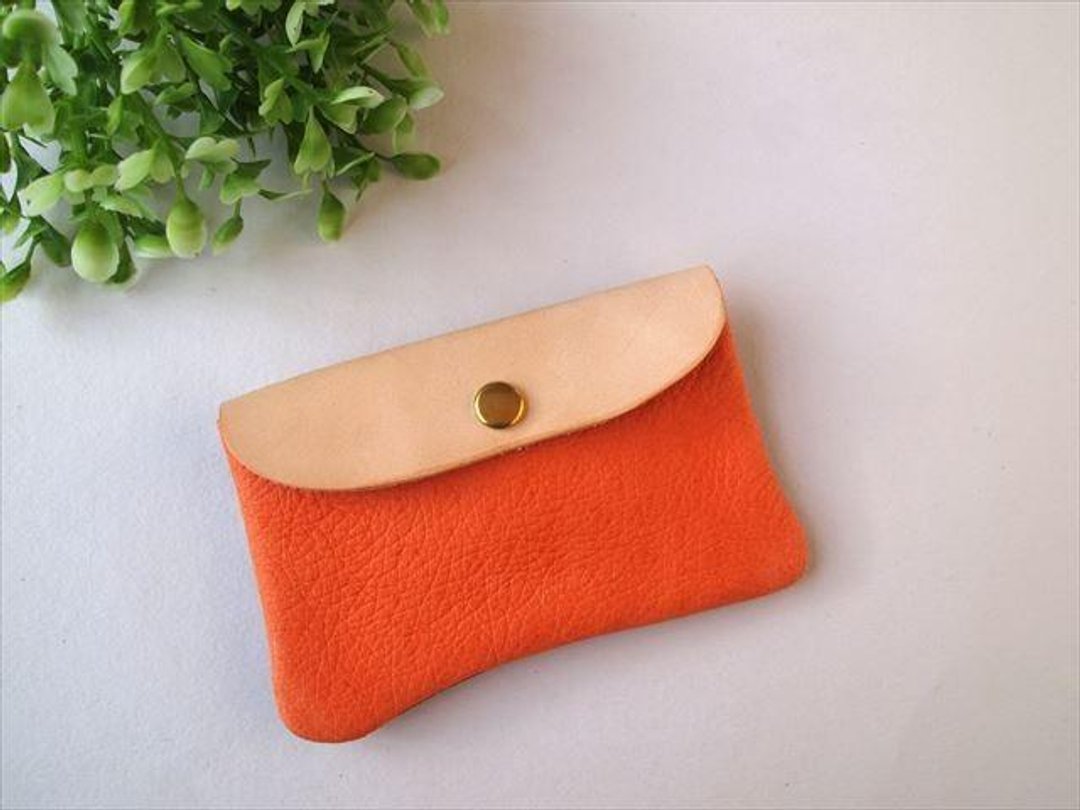 [Orange x Brown] Pig leather soft card case [Made to order] Leather pass case - 名片夹/名片盒 - 真皮 蓝色