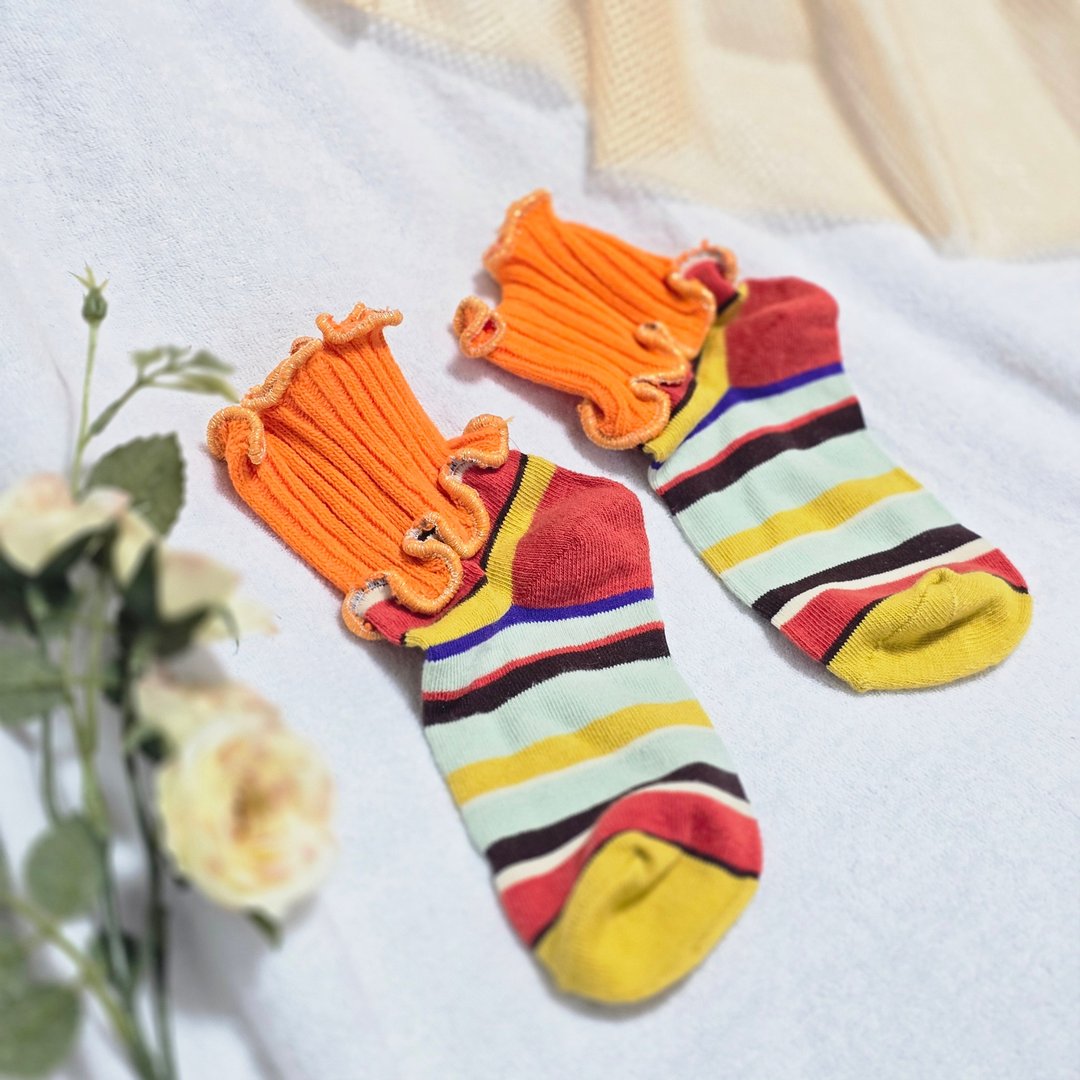 橘色 条纹 彩色荷叶边袜子 抢眼袜子 个性袜 15-18cm 儿童袜 socks - 袜子 - 其他材质 橘色
