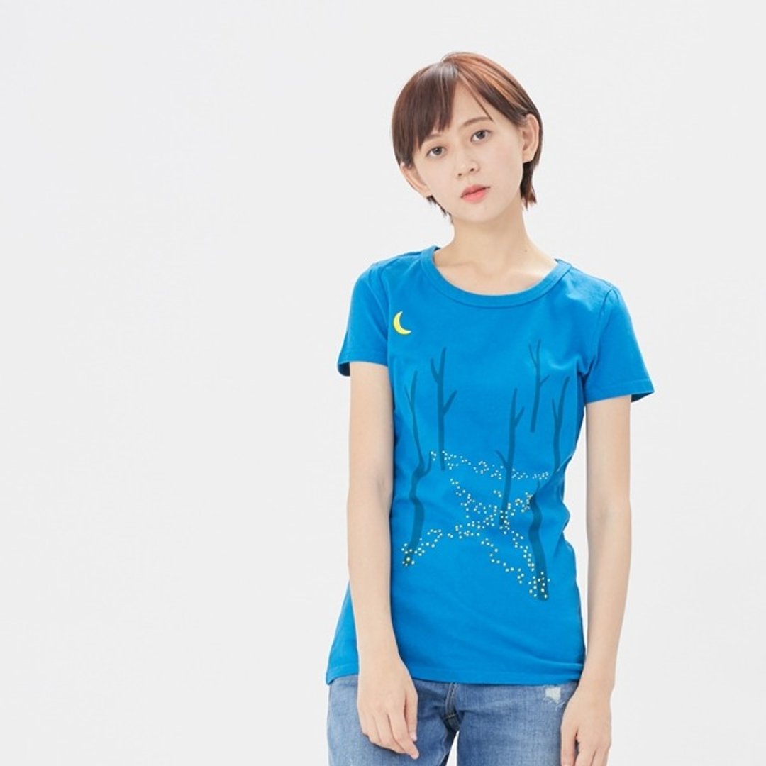 螢火蟲短袖蜜桃棉女Tee海藍色 - 女装 T 恤 - 棉 蓝色