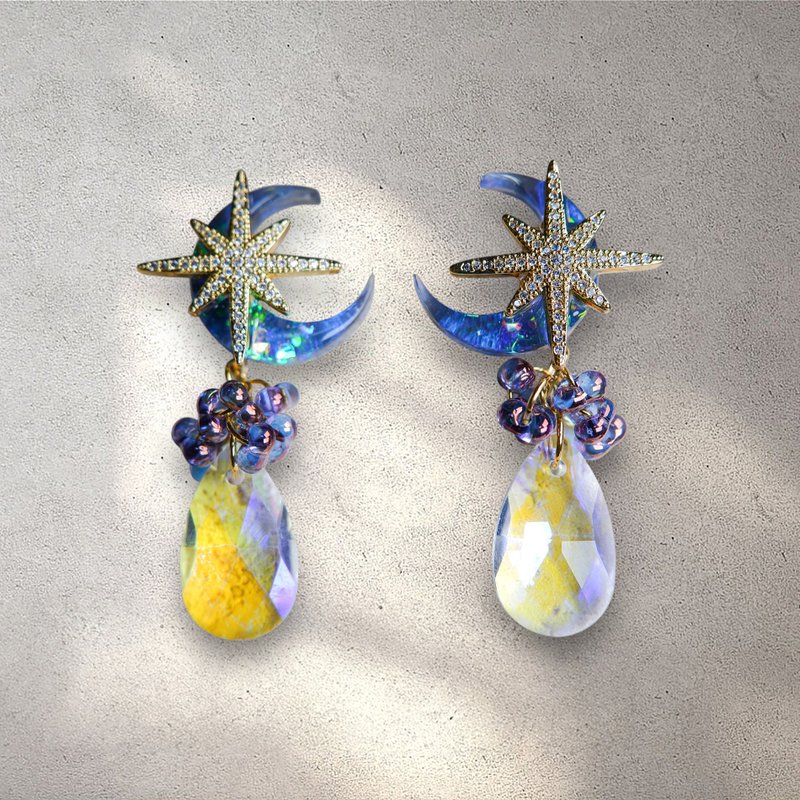 水晶．午夜一圣夜的月与星一 - 耳环/耳夹 - 树脂 