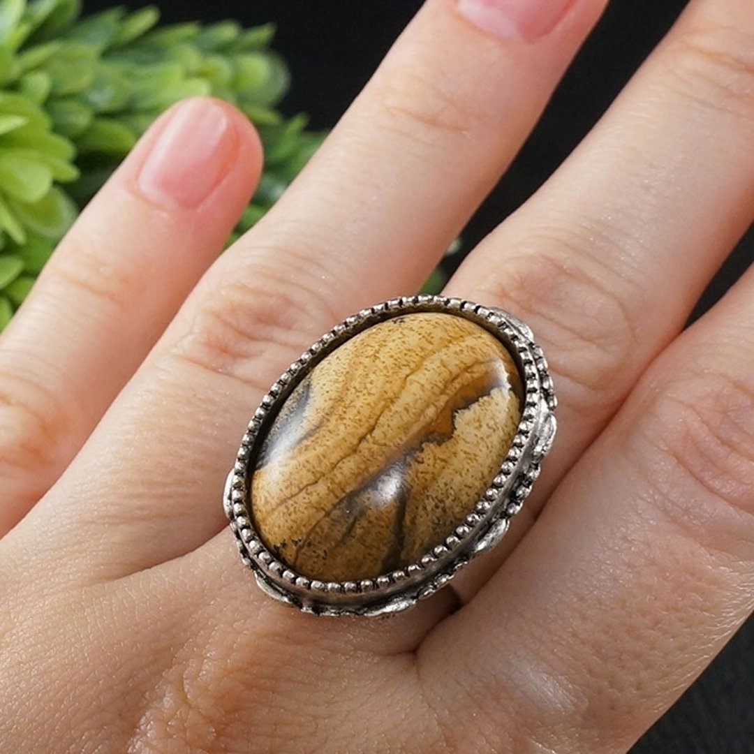 Beige Picture Jasper Adjustable Ring Large African Jasper Silver Ring Jewelry - 戒指 - 半宝石 咖啡色