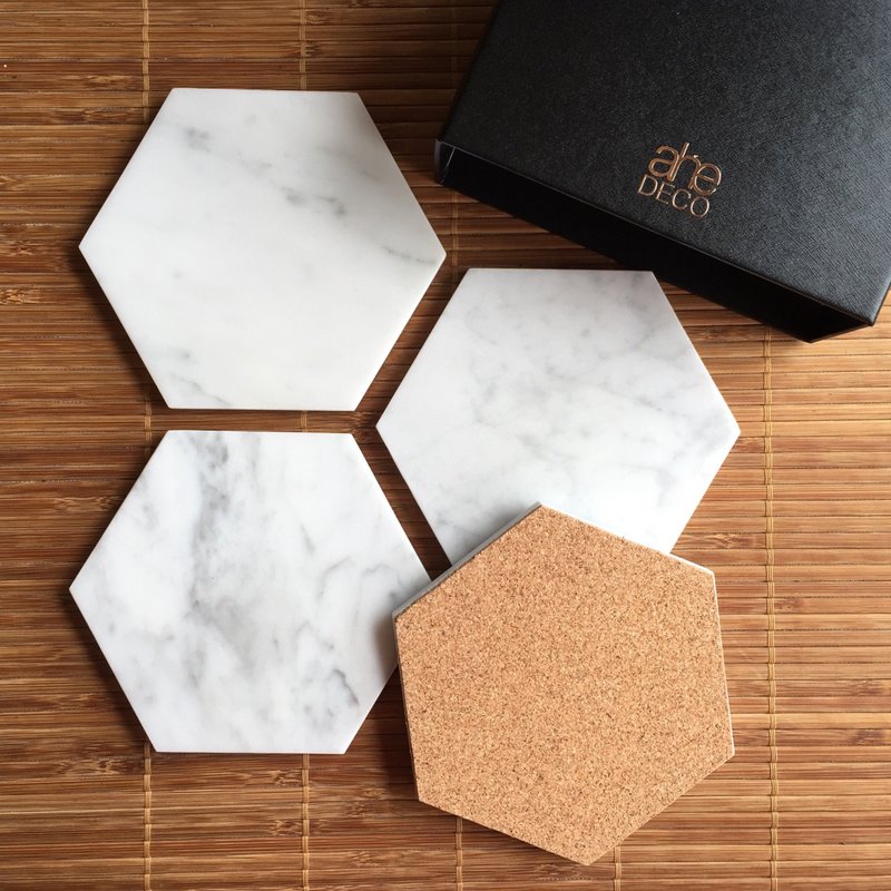 ahe DECO 原创设计 [六角杯垫 - 大理石x软木] 四入杯垫 抽屉盒组 --- 经典白色 - 杯垫 - 石头 白色