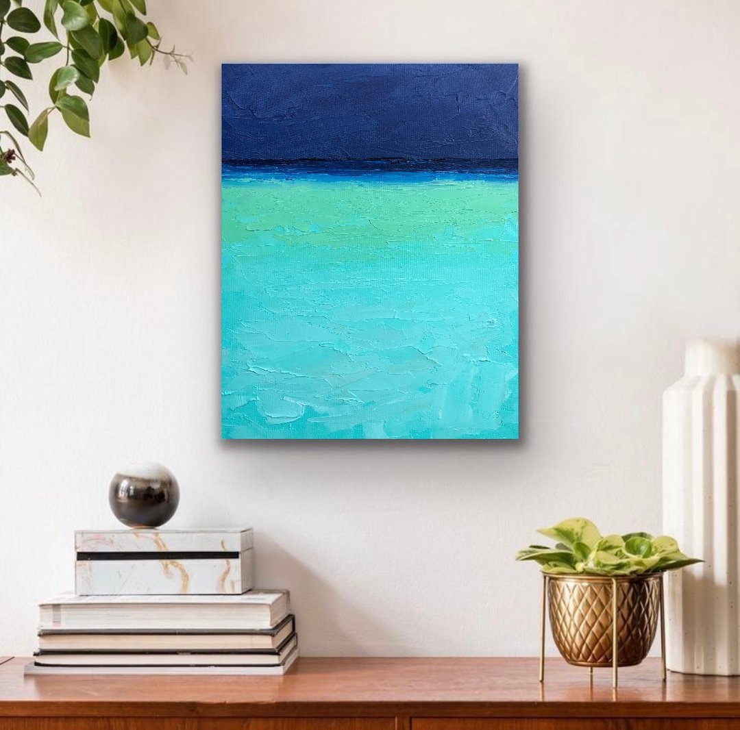 Original Seascape Oil Painting On Canvas Blue Ocean Sky Landscape Impasto Art - 墙贴/壁贴 - 棉 多色