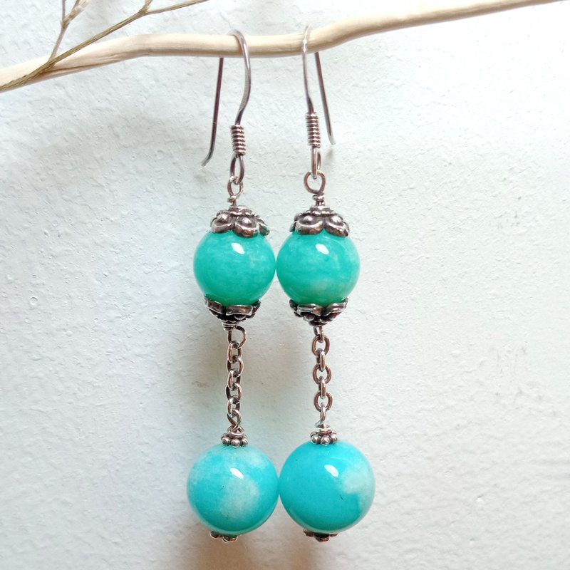 纯银设计耳环 天河石(耳勾)/碧蓝亮眼长耳环/ - 耳环/耳夹 - 石头 蓝色