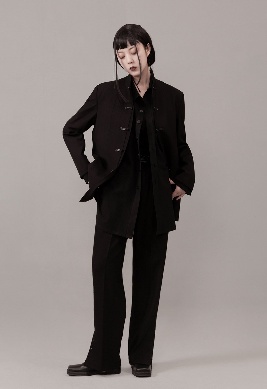 中山立领西装 复古中性外套 新中式 oversize 廓型 - 女装西装外套/风衣 - 其他材质 黑色