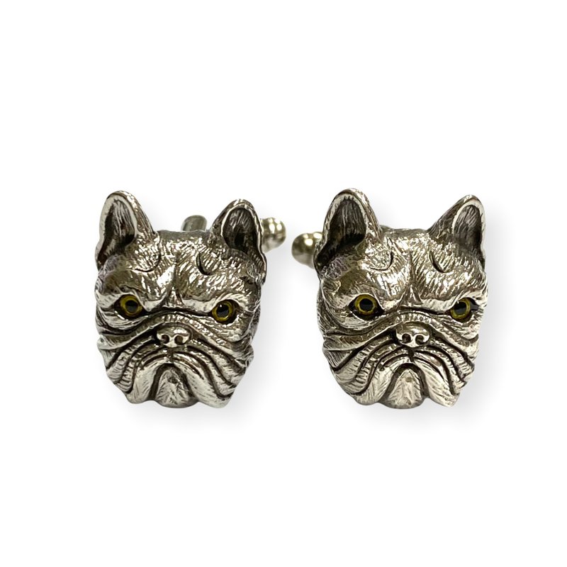 Victorian Style French Bulldog with Emerald Collar Cufflinks 925 Sterling Silver - 袖扣 - 纯银 银色