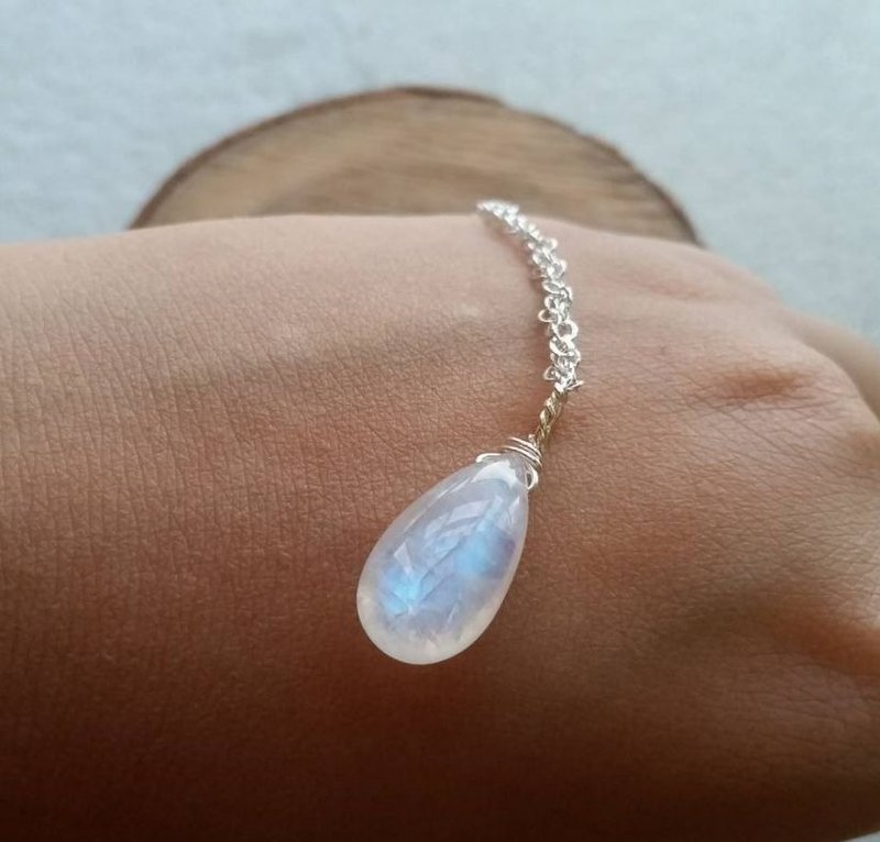 石编号 76~少有大尺寸半玻璃体双面强蓝光月亮石纯银锁骨项链 Stone number 76 - 18mm Moonstone 925 silver necklace - 项链 - 宝石 蓝色