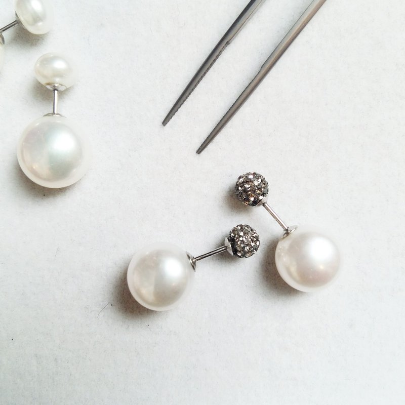 免邮优惠：【闪。双。灰】天然淡水珠 耳环 - 耳环/耳夹 - 宝石 灰色