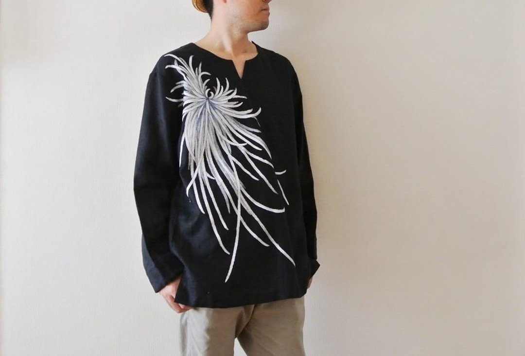 Linen/ Men's Blouse Navy Blue <Rangiku> - 男装上衣/T 恤 - 棉 蓝色