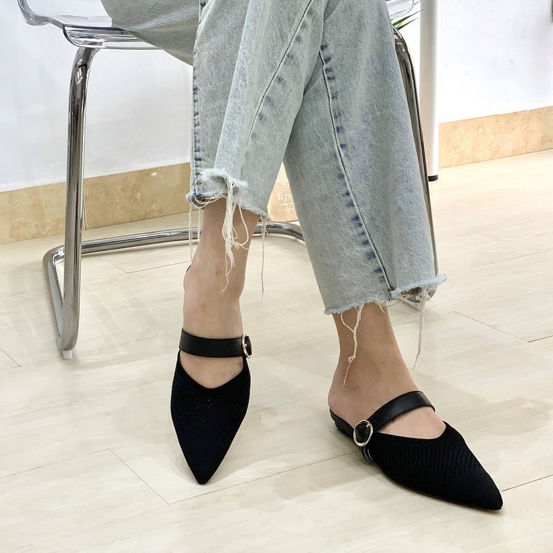 气质尖头针织穆勒鞋 低跟凉鞋 通勤女鞋 拖鞋 - 男女凉鞋 - 真皮 