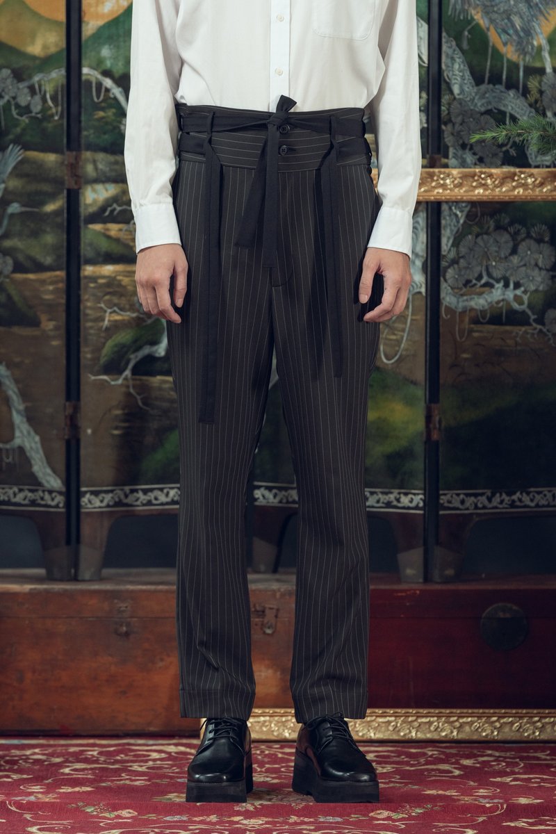 绑带条纹黑长裤(201P05) - 男士长裤 - 聚酯纤维 黑色