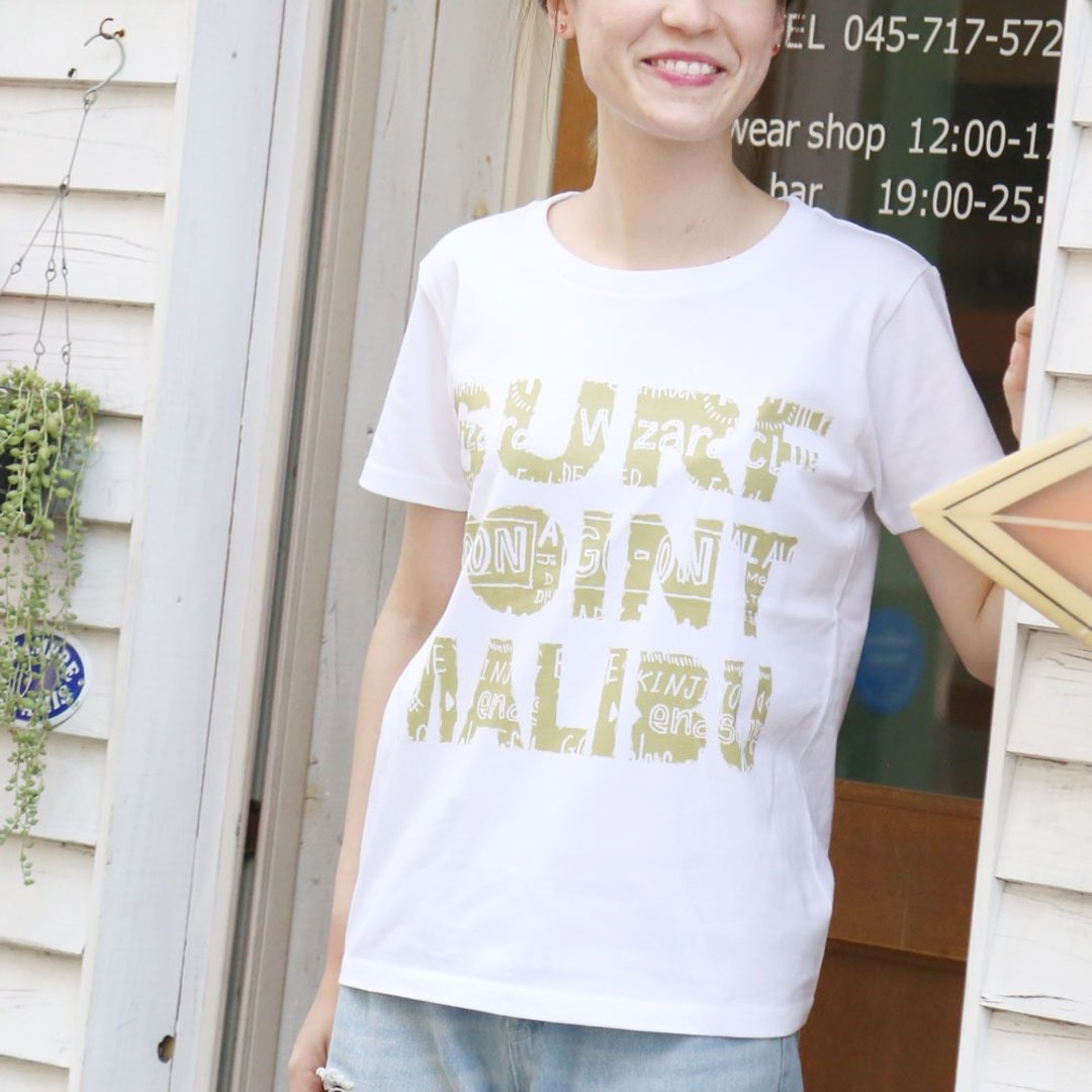 Surf Logo Print T-shirt - White x Yellow-Green Print - women's / men's / unisex - 女装 T 恤 - 棉 白色
