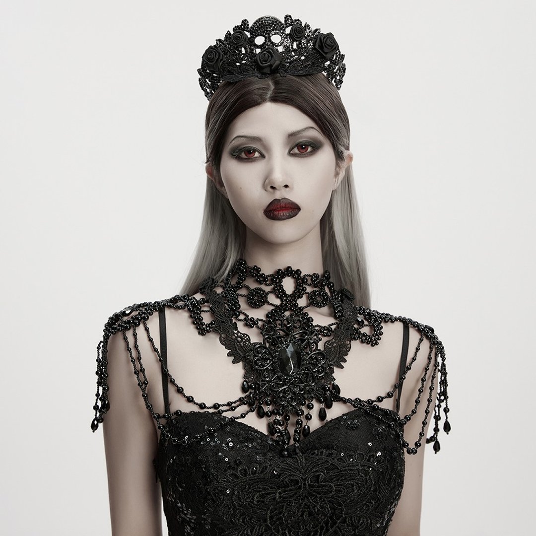 哥德幽冥女王玫瑰宝石护符项链 / 万圣节 - 围巾/披肩 - 其他材质 黑色