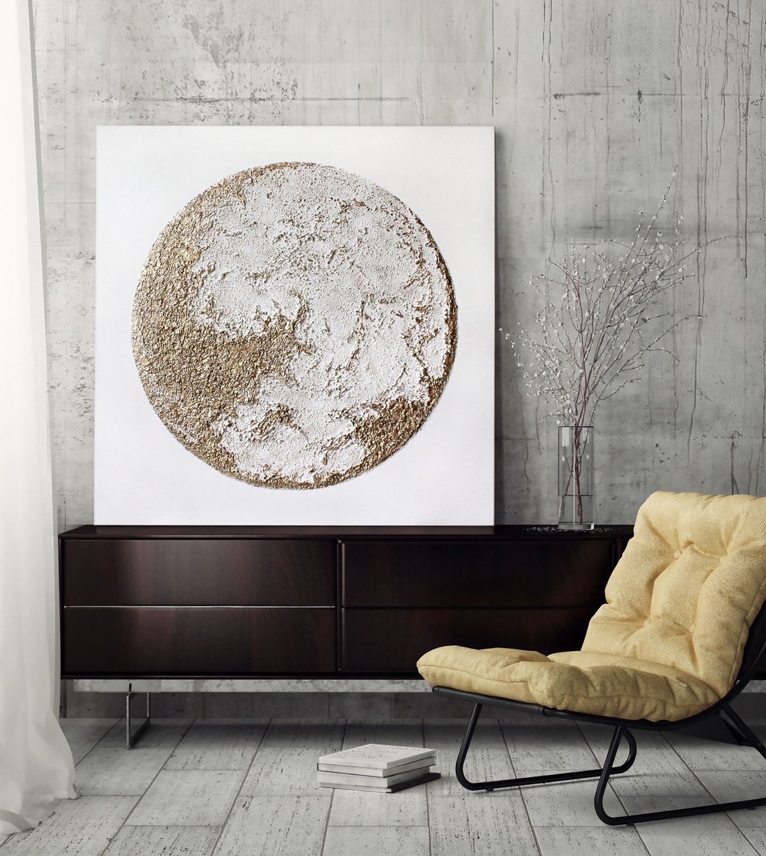 白金绘画 | 太空壁画 | 月亮壁画 | 月亮画 白月亮 - 墙贴/壁贴 - 棉 金色