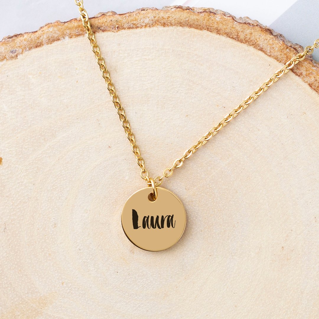 Personalize Name Tag Necklace Custom Name Necklace Engrave Circle Charm Dainty - 项链 - 其他金属 金色