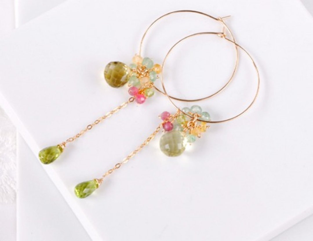 Lemon Quartz x Peridot Hoop Earrings - 耳环/耳夹 - 宝石 