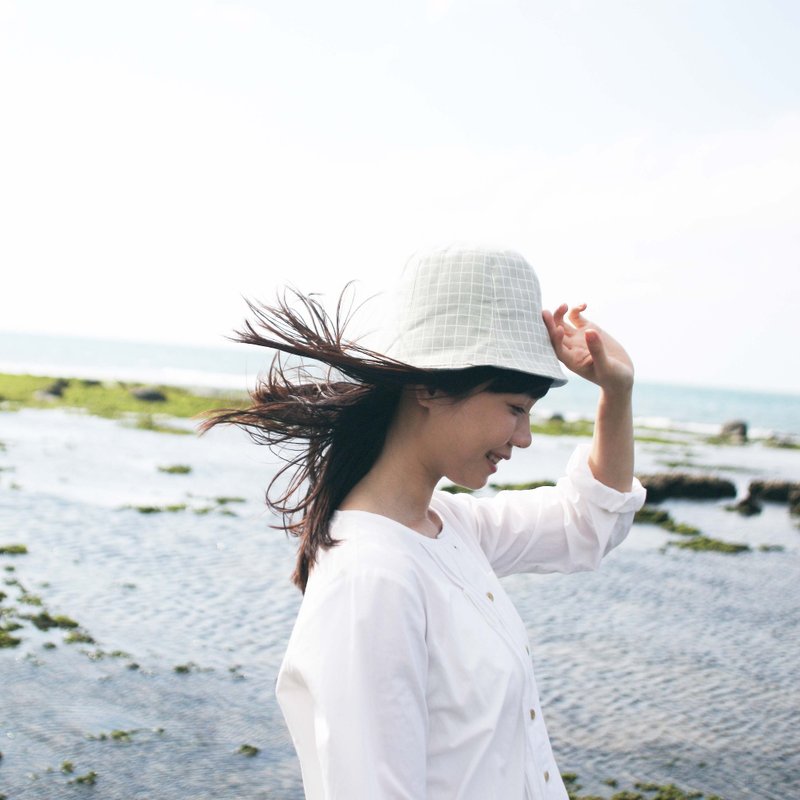 双面帽子 _  浅绿底格子 - 帽子 - 棉．麻 绿色