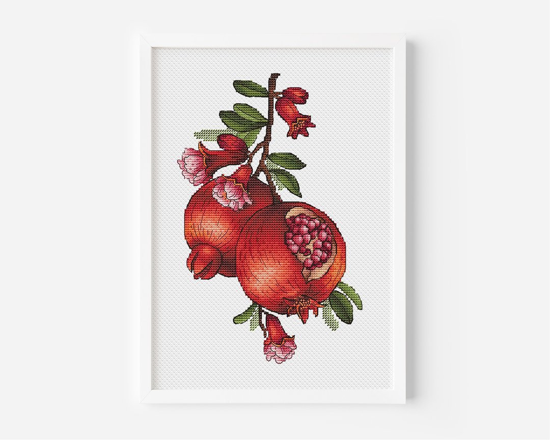 Pomegranate Cross Stitch Pattern,Red Fruit Embroidery, Digital File PDF - 手工艺教程/工具书 - 其他材质 