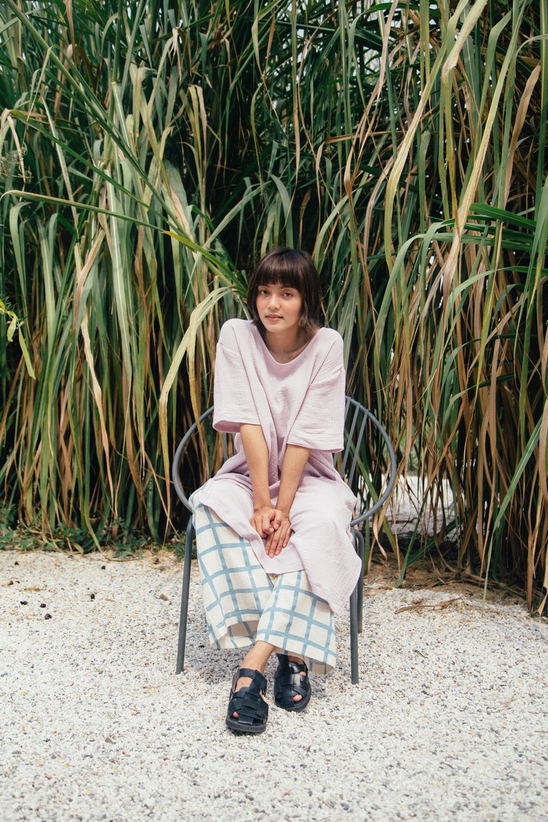 Mulmul pale blue block wide pants - 中性裤装 - 棉．麻 蓝色