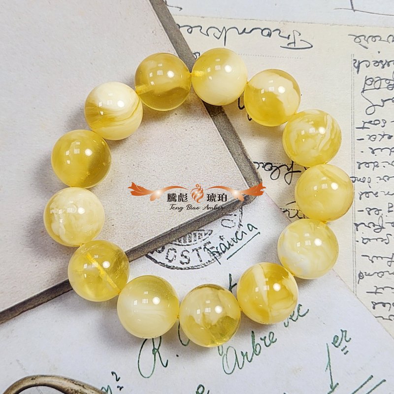 腾彪琥珀 天然琥珀蜜蜡 金绞白意境蜜蜡 金沙灵动 经典单圈 手链 - 手链/手环 - 半宝石 黄色