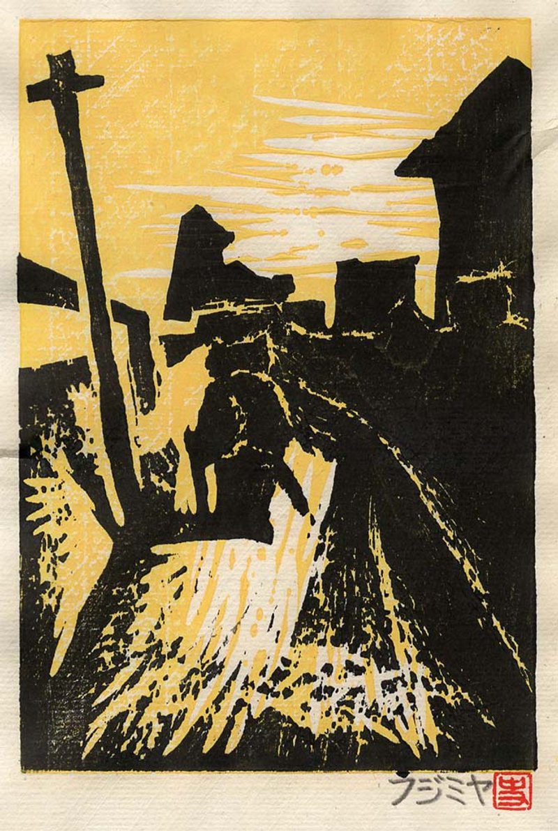 Woodblock print Cat Town original print art print free shipping - 海报/装饰画/版画 - 纸 黄色