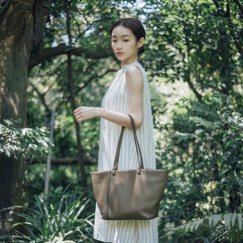 【精选大号包】Clementine皮革手提包 - 石灰色 送礼自用 - 手提包/手提袋 - 真皮 灰色