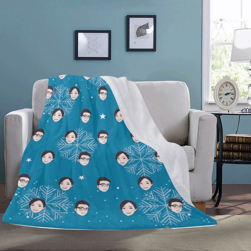 【圣诞礼物】似颜绘头像定制化毛毯-雪花(蓝)款式 - 被子/毛毯 - 聚酯纤维 蓝色